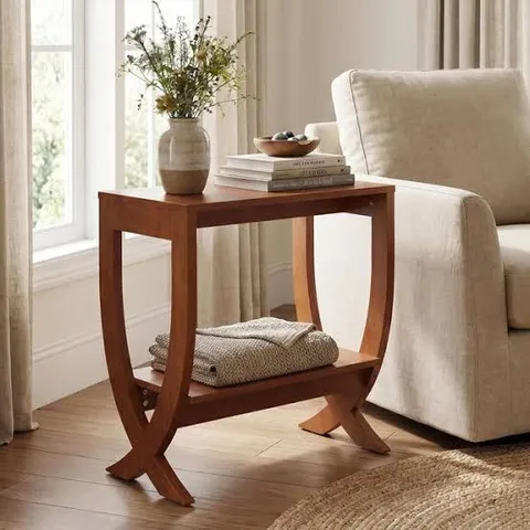 BOXED TRIBESIGNS SOLID 2-TIER SIDE TABLE, ARCHED LEGS, FOR SMALL SPACES, LIVING ROOM, EASY ASSEMBLY, WARM WALNUT