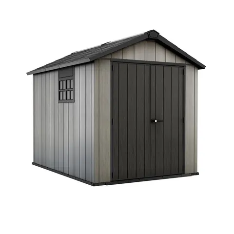 BOXED KETER OAKLAND 7.5FT W x 9FT D APEX OUTDOOR GARDEN SHED (3 BOXES)