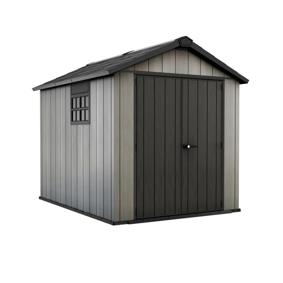 BOXED KETER OAKLAND 7.5FT W x 9FT D APEX OUTDOOR GARDEN SHED (3 BOXES)