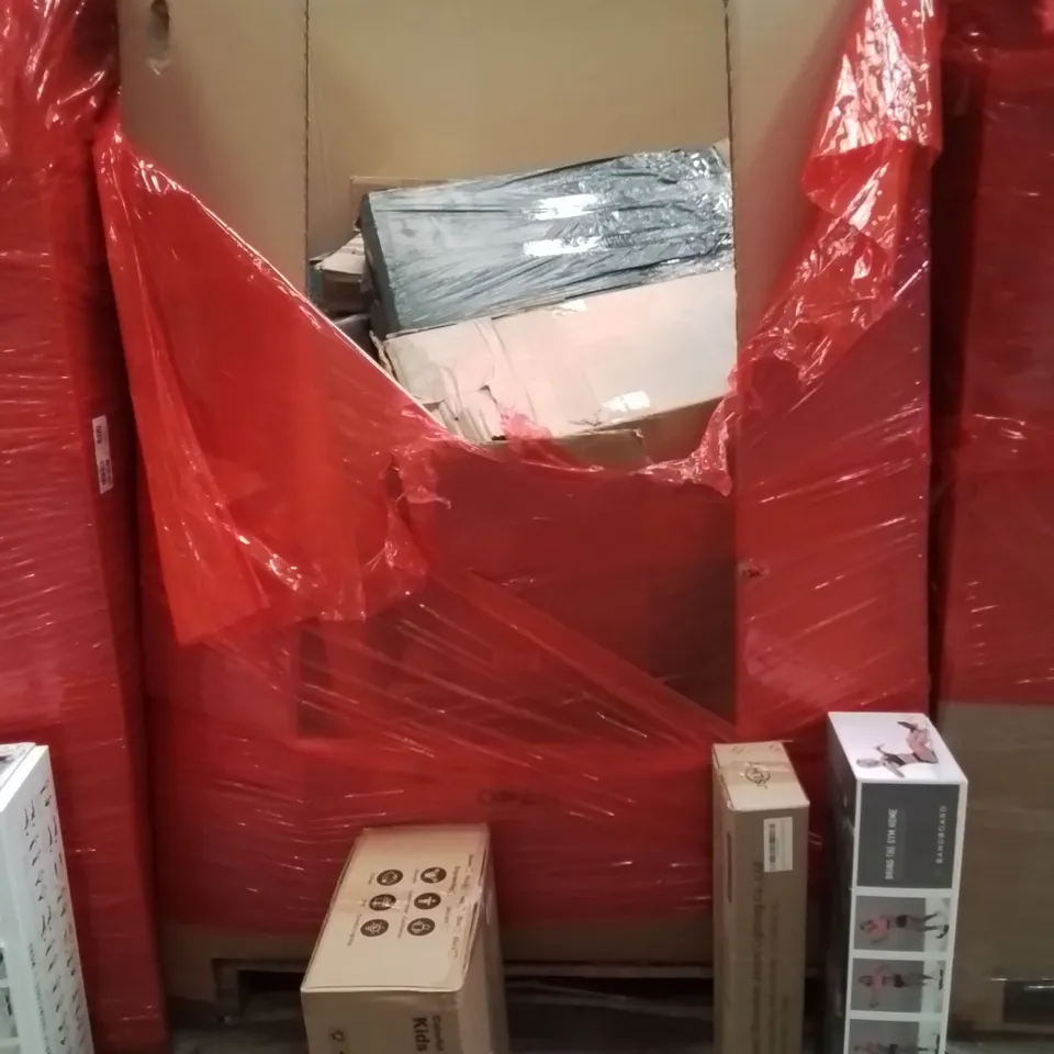 PALLET OF ASSORTED HOUSEHOLD GOODS AND PRODUCTS TO INCLUDE;KIDS TRICYCLE,FLOATING SHELVES,RESISTANCE BANDS
