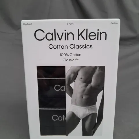 BOXED CALVIN KEIN COTTON CLASSICS HIP BRIEF 3 PACK (SMALL) - BLACK