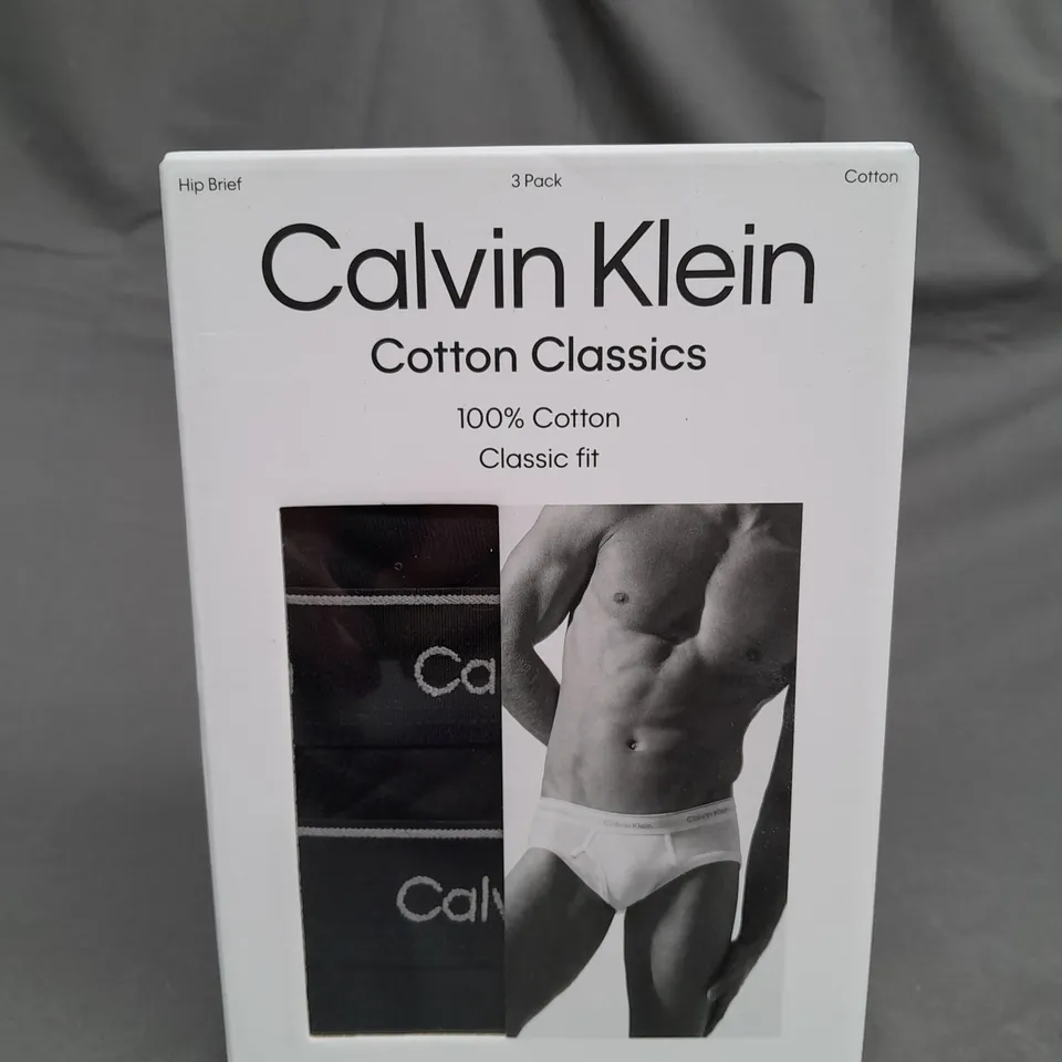 BOXED CALVIN KEIN COTTON CLASSICS HIP BRIEF 3 PACK (SMALL) - BLACK