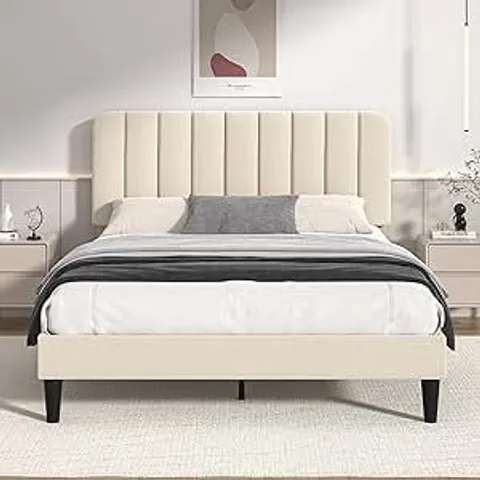 BOXED VECELO BED FRAME, UPHOLSTERED PLATFORM WITH ADJUSTABLE VELVET HEADBOARD//SIZE: DOUBLE - BEIGE (1 BOX)