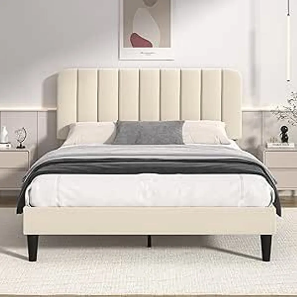 BOXED VECELO BED FRAME, UPHOLSTERED PLATFORM WITH ADJUSTABLE VELVET HEADBOARD//SIZE: DOUBLE - BEIGE (1 BOX)