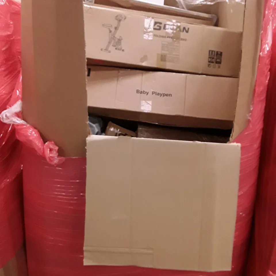 PALLET OF ASSORTED HOUSEHOLD ITEMS TO INCLUDE BRANDSON PEDESTAL FAN, BABY PLAYPEN AND FOLDING EXERCISE BIKE
