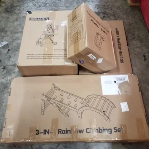 PALLET CONTAINING ASSORTED PRODUCTS INCLUDING 3-IN-1 RAINBOW CLIMBING SET, STROLLER, STEPPED BABY TOILET & VANITY MAKEUP MIRROR 