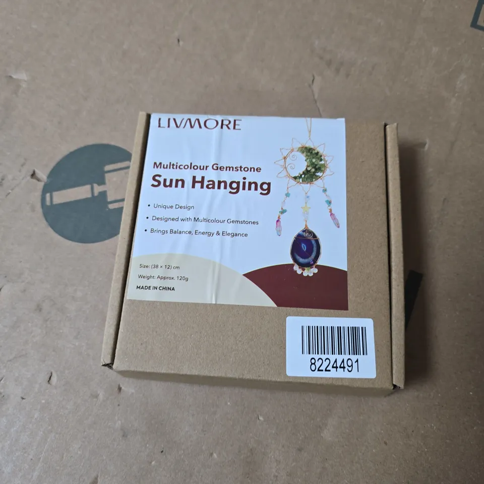 BOX OF APPROXIMATELY 9 ASSORTED ITEMS INCLUDING LIVMORE MULTICOLOUR GEMSTONE SUN HANGING AND KNITTED MASK 