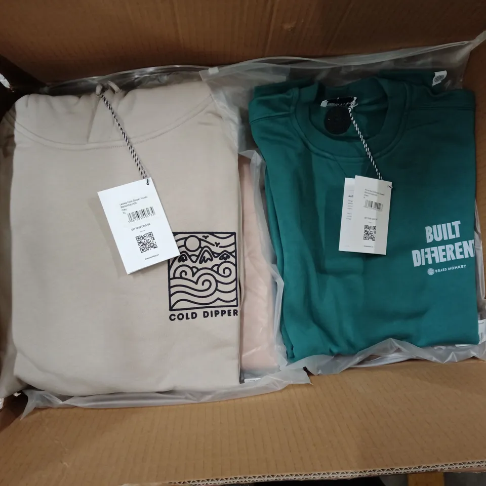 BOX OF MIXED ASSORTMENT OF BRAND NEW BRASS MONKEY CLOTHING ITEMS INCLUDING - SWEATSHIRTS, T-SHIRTS, HOODIES, - MIXED SIZES - APPROXIMATELY 36X ITEMS
