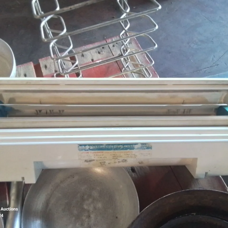 LARGE AMOUNT OF COMMERCIAL FRYING PANS AND STAINLESS STEEL PLATE RACK AND FOOD PACKAGING CUTTER
