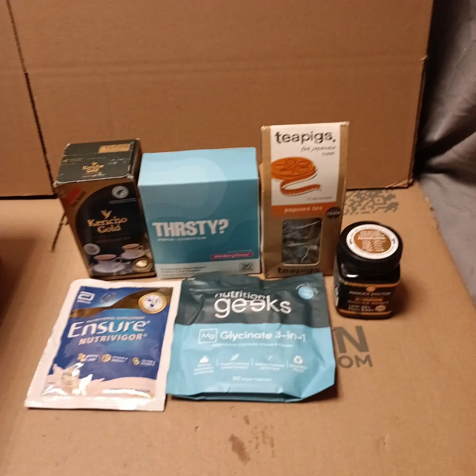 APPROXIMATELY 20 ASSORTED FOOD AND DRINK ITEMS TO INCLUDE - MANUKA HONEY, NUTRITION GEEKS GLYCINATE CAPSULES AND KERICHO GOLD KENYA BLACK TEA
