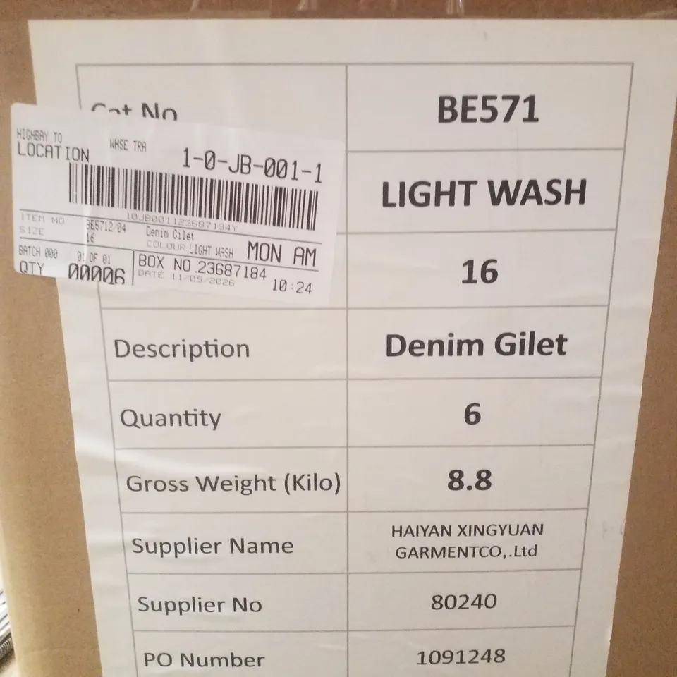BOX CONTAINING APPROXIMATELY 6 BRAND NEW SIMPLY BE BLUE REGULAR SLEEVELESS DENIM GILETS - SIZE 16