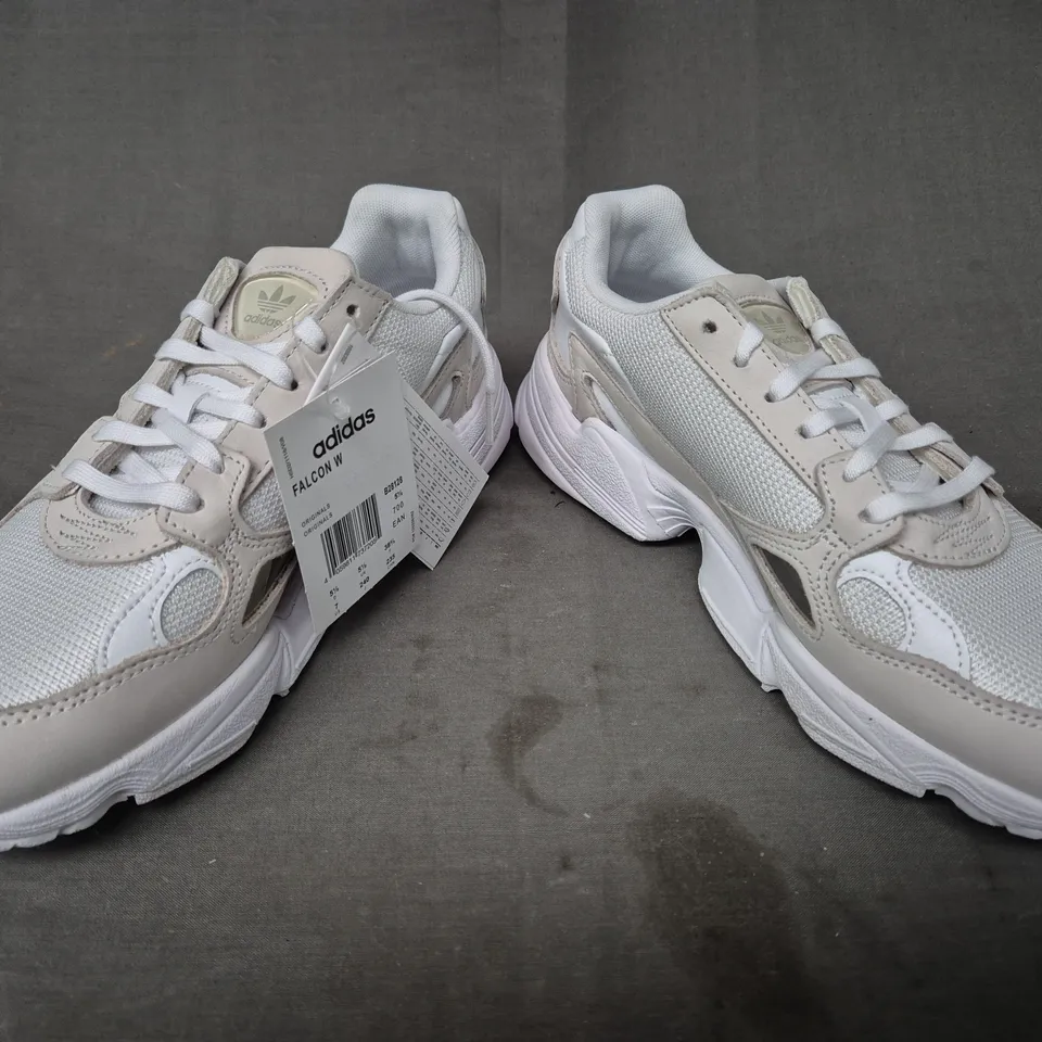 BOXED PAIR OF ADIDAS WOMEN'S FALCON SHOES IN WHITE/OFF WHITE UK SIZE 5.5