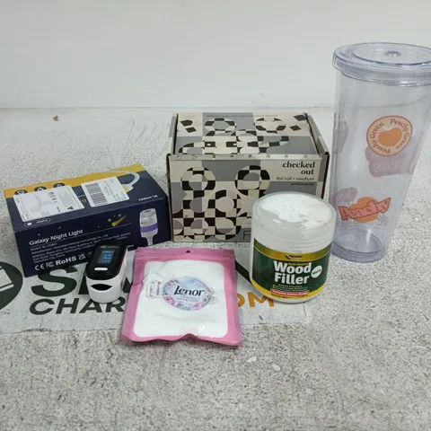TOTE OF APPROXIMATELY 15 ASSORTED ITEMS TO INCLUDE GALAXY NIGHT LIGHT, WOOD FILLER, LENOR SPRING AWAKENING, PEACHY BOTTLE, FRAMAR FOIL ROLL ETC