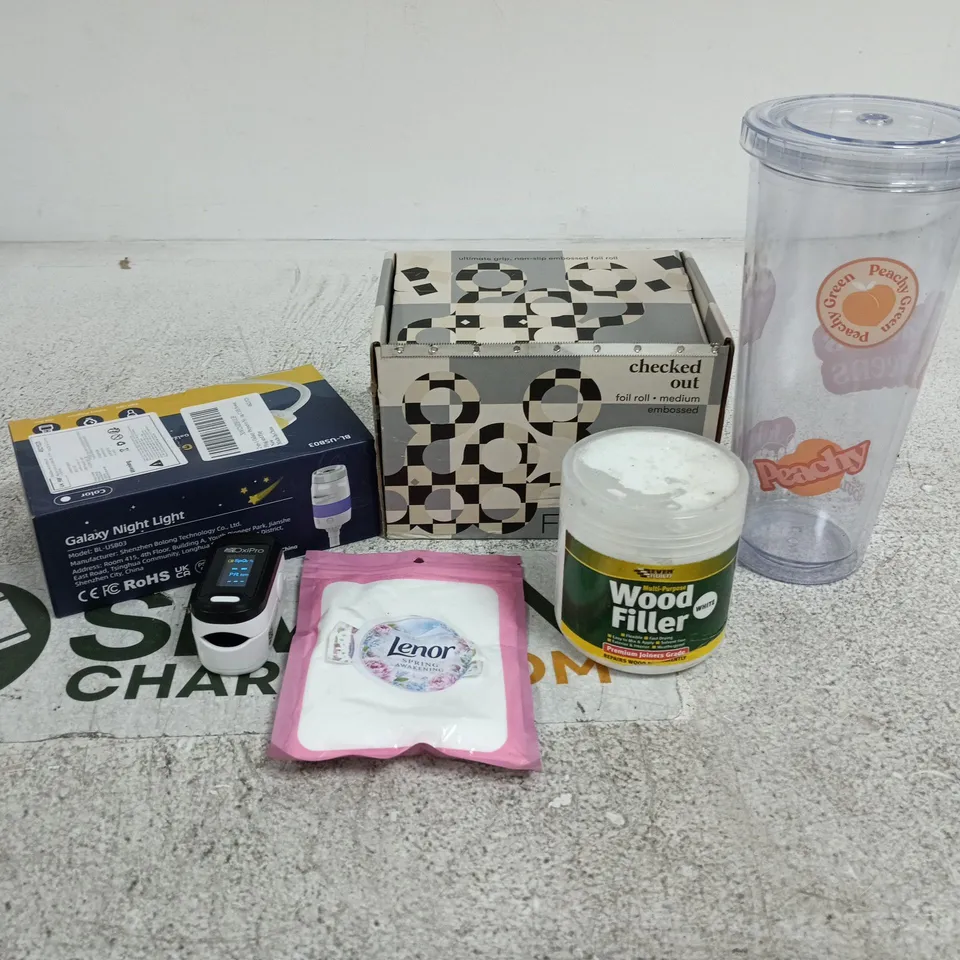 TOTE OF APPROXIMATELY 15 ASSORTED ITEMS TO INCLUDE GALAXY NIGHT LIGHT, WOOD FILLER, LENOR SPRING AWAKENING, PEACHY BOTTLE, FRAMAR FOIL ROLL ETC