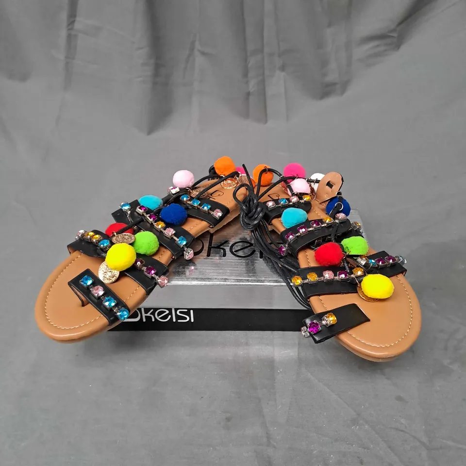 BOX OF APPROXIMATELY 10 PAIRS OF KELSI EMBELLISHED SANDALS IN BLACK - VARIOUS SIZES