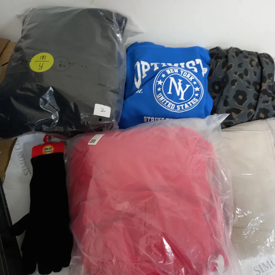 LARGE BOX OF ASSORTED CLOTHING ITEMS IN VARIOUS COLOURS AND SIZES INCLUDING TROUSERS , TOPS AND JUMPERS 
