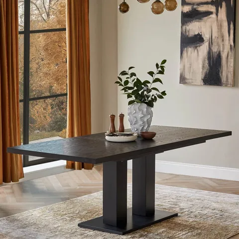 BOXED DANETTI MORGAN 6 TO 8 SEAT EXTENDING DARK OAK DINING TABLE (3 BOXES)