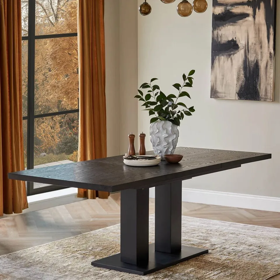 BOXED DANETTI MORGAN 6 TO 8 SEAT EXTENDING DARK OAK DINING TABLE (3 BOXES)