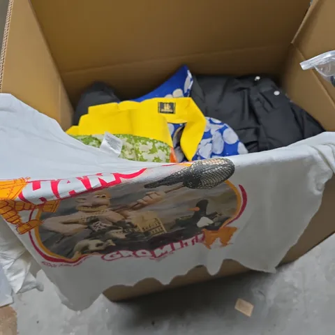 BOX OF APPROXIMATELY 25 ASSORTED CLOTHING ITEMS INCLUDING BLACK PADDED JACKET WITH SMALL GOLD EMBLEM, WHITE TOP, AND COLOURFUL FABRICS