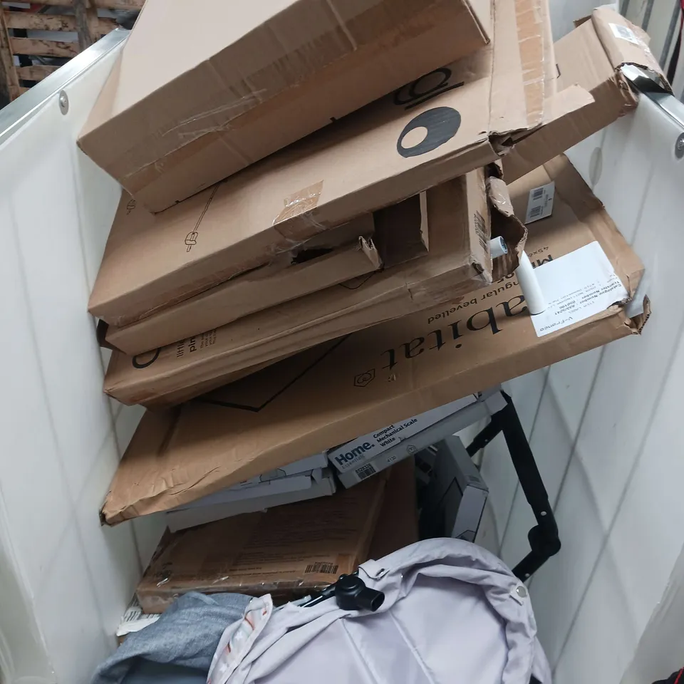 CAGE OF 20 ASSORTED ITEMS TOO INCLUDE SCALES , PRAM ACCESSORIES , BED RAILS , ETC 