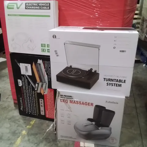 PALLET OF ASSORTED HOUSEHOLD GOODS AND PRODUCTS TO INCLUDE;TURNTABLE SYSTEM,LEG MASSAGER,FLOOR CUTTER,ELECTRIC VEHICLE CHARGING CABLE