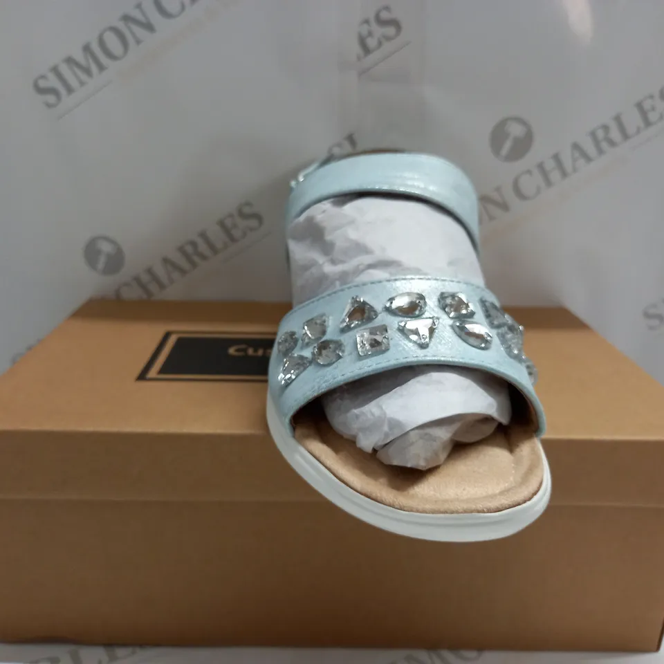BOXED PAIR OF CUSHION WALK JEWELLED SANDALS IN SILVER - SIZE 6