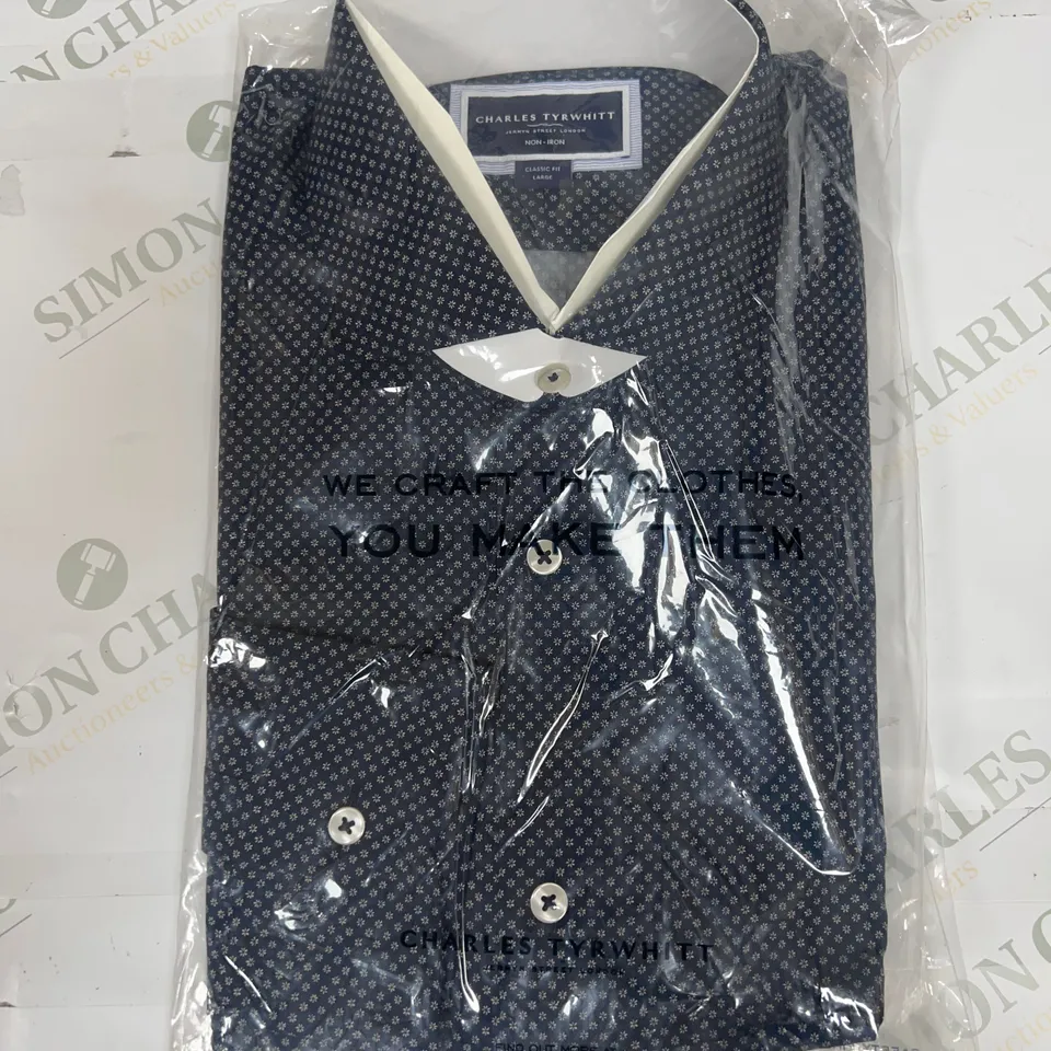 CHARLES TYRWHITT MINI FLORAL PRINT CLASSIC FIT SHIRT IN NAVY SIZE L