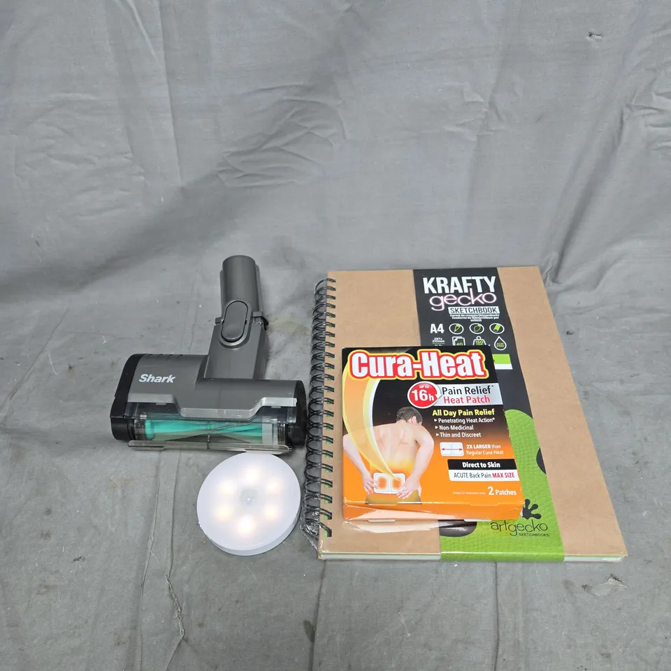 APPROXIMATELY 15 ASSORTED HOUSEHOLD ITEMS TO INCLUDE A4 PAD, CURA HEAT, SMART NIGHT LIGHT, SHARK VACUUM ATTACHMENT ETC