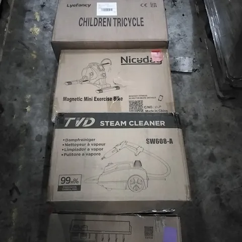 PALLET OF HOUSEHOLD ITEMS TO INCLUDE SPICE RACK, STEAM CLEANER, MAGNETIC MINI EXCERISE BIKE, CHILDREN'S TRICYCLE AND OTHER ASSORTED ITEMS...