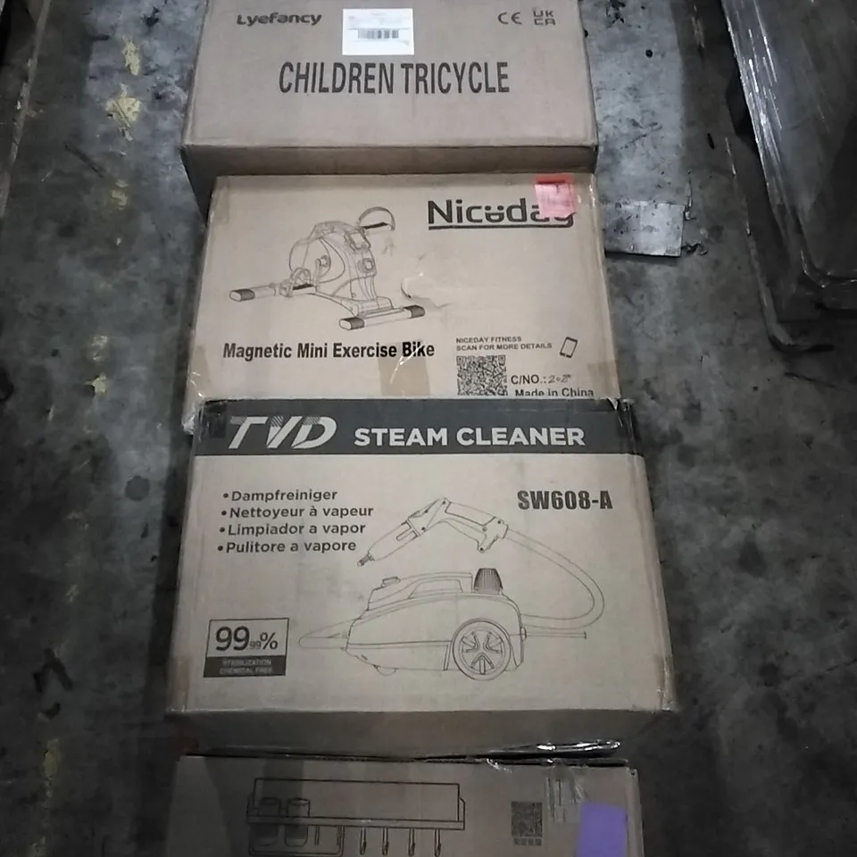 PALLET OF HOUSEHOLD ITEMS TO INCLUDE SPICE RACK, STEAM CLEANER, MAGNETIC MINI EXCERISE BIKE, CHILDREN'S TRICYCLE AND OTHER ASSORTED ITEMS...