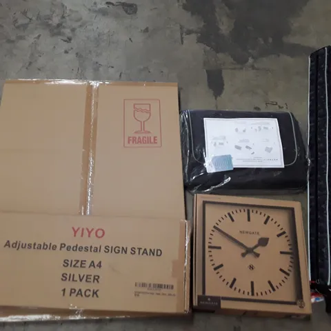 PALLET TO CONTAIN AN ASSORTMENT OF HOUSEHOLD ITEMS TO INCLUDE ADJUSTABLE PEDESTAL SIGN STAND, CLOCKS, PET BAGS AND FISHING ROD BAGS ECT
