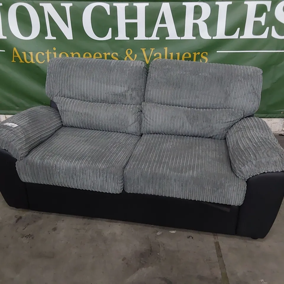 DESIGNER TWO SEATER SOFA BLACK FAUX LEATHER & GREY JUMBO CHORD