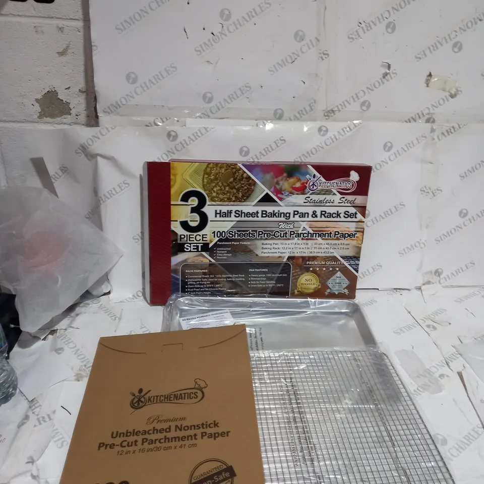 KITHENATICS 13"X17.9" BAKING PAN & RACK SET WITH 100 PRE CUT PARCHMENT SHEETS 