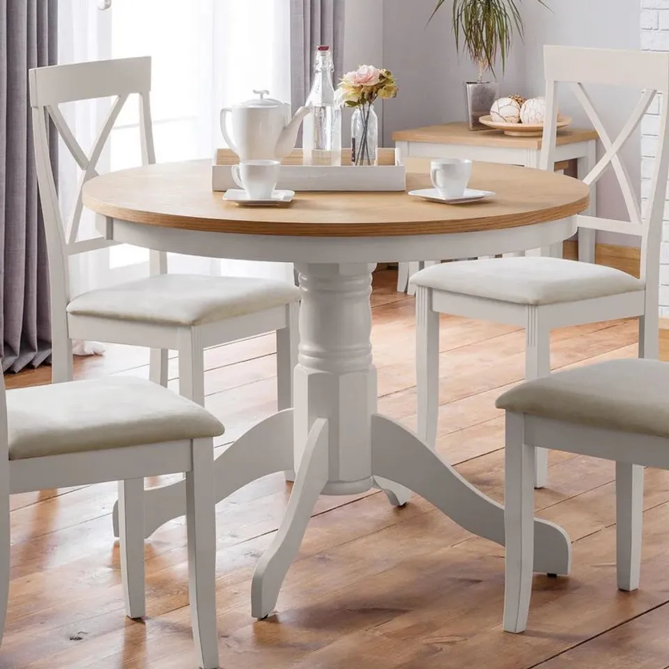 BOXED JULIAN BOWEN DAVENPORT ROUND PEDESTAL TABLE - OAK/ELEPHANT GREY (2 BOXES)