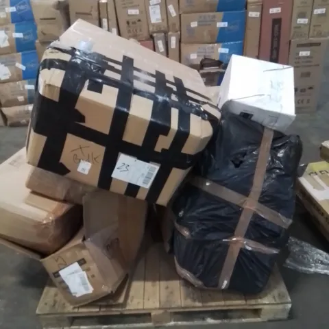 PALLET CONTAINING VARIOUS INCOMPLETE BOXED FURNITURE PARTS AND OTHER HOUSEHOLD ITEMS ETC.