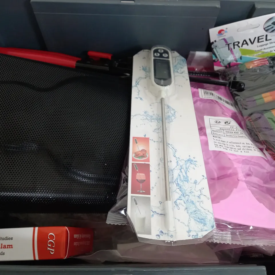 BOX OF APPROX 20 ASSORTED ITEMS TO INCLUDE - TRAVEL CASE STRAP - CGP GCSE RELIGIOUS STUDIES - EXHAST CLAMP PLIERS PSA ECT