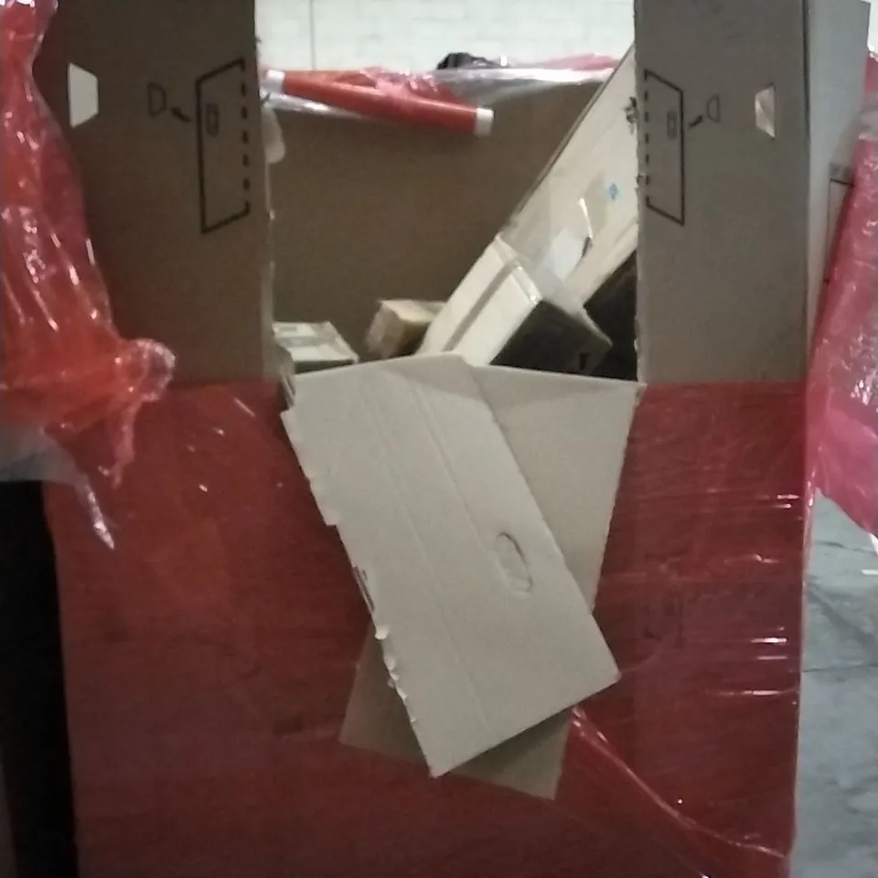 PALLET OF HOUSEHOLD ITEMS TO INCLUDE FIREWOOD BASKET, DUEL LED WREATH, PICTURE FRAME, VIBRATION PLATE AND OTHER ASSORTED ITEMS...