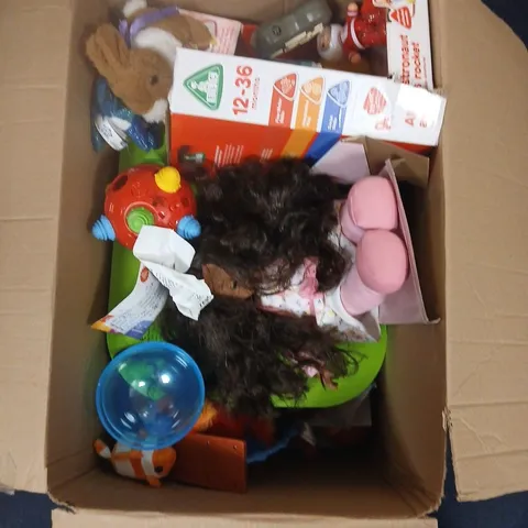 BOX OF APPROXIMATELY 12 ASSORTED TOYS TO INCLUDE: HAPPYLAND FIRE TRUCK AND PITTER PATTER PET 