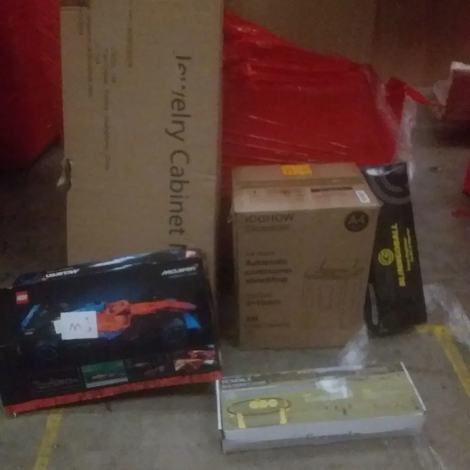PALLET OF ASSORTED ITEMS INCLUDING JEWELLERY CABINET, LEGO F1 MCLAREN, AUTOMATIC PAPER SHREDDER, BLINGOBALL GAME