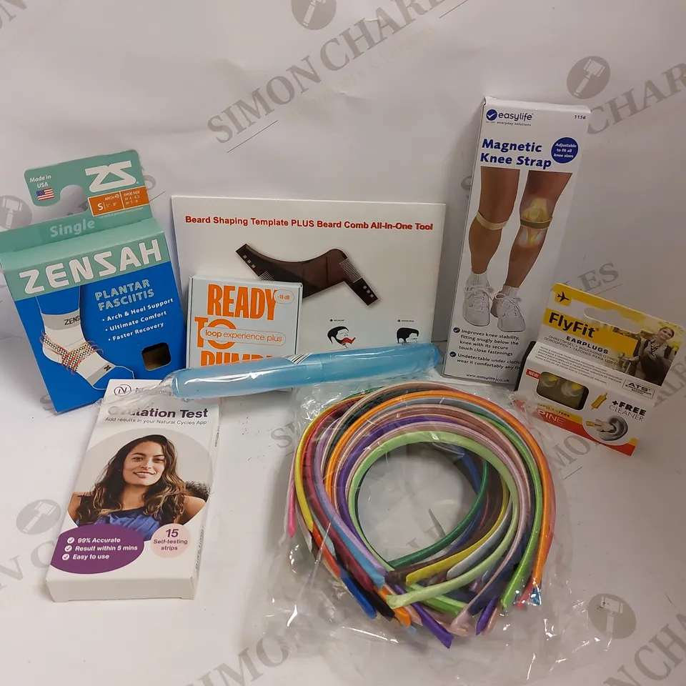 BOX OF APPROX 20 COSMETIC ITEMS TO INCLUDE ASSORTED HEAD BANDS, ZENSAH ANKLE SUPPORT AND FLYFIT EAR PLUGS