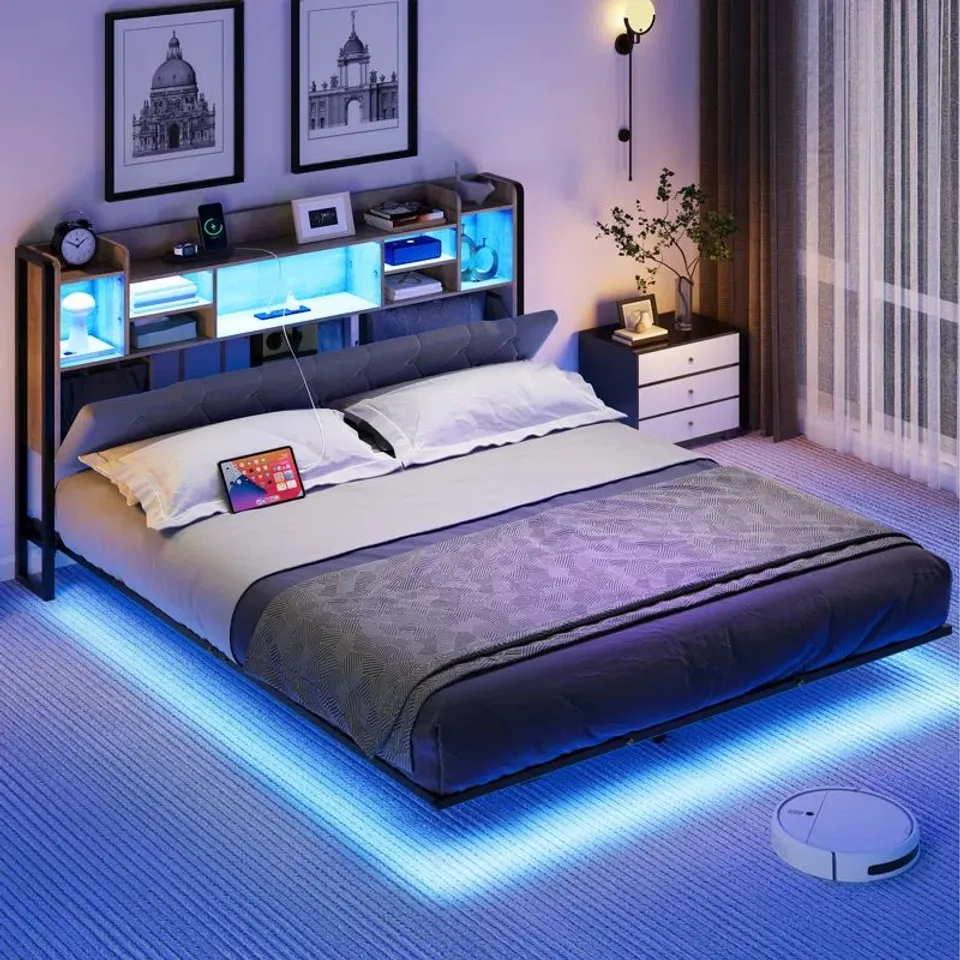 BOXED BED FRAME, LED WITH HEADBOARD, METAL PLATFORM BED FRAME WITH 2 TIERS STORAGE SHELVES, NO BOX SPRING NEEDED (1 BOX)