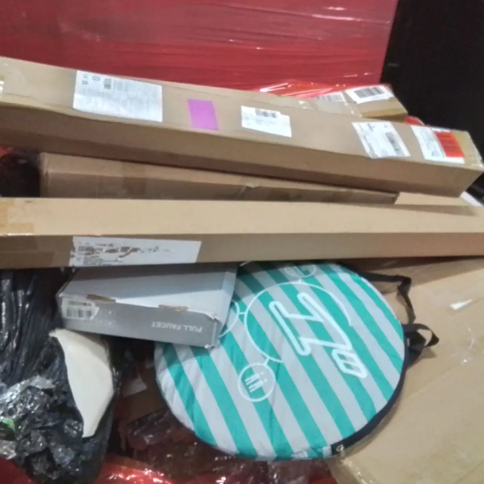 PALLET OF ASSORTED HOUSEHOLD GOODS AND PRODUCTS TO INCLUDE; RUNNING MACHINE,8 INCH CHAINSAW,SHOCK ABSORBER
