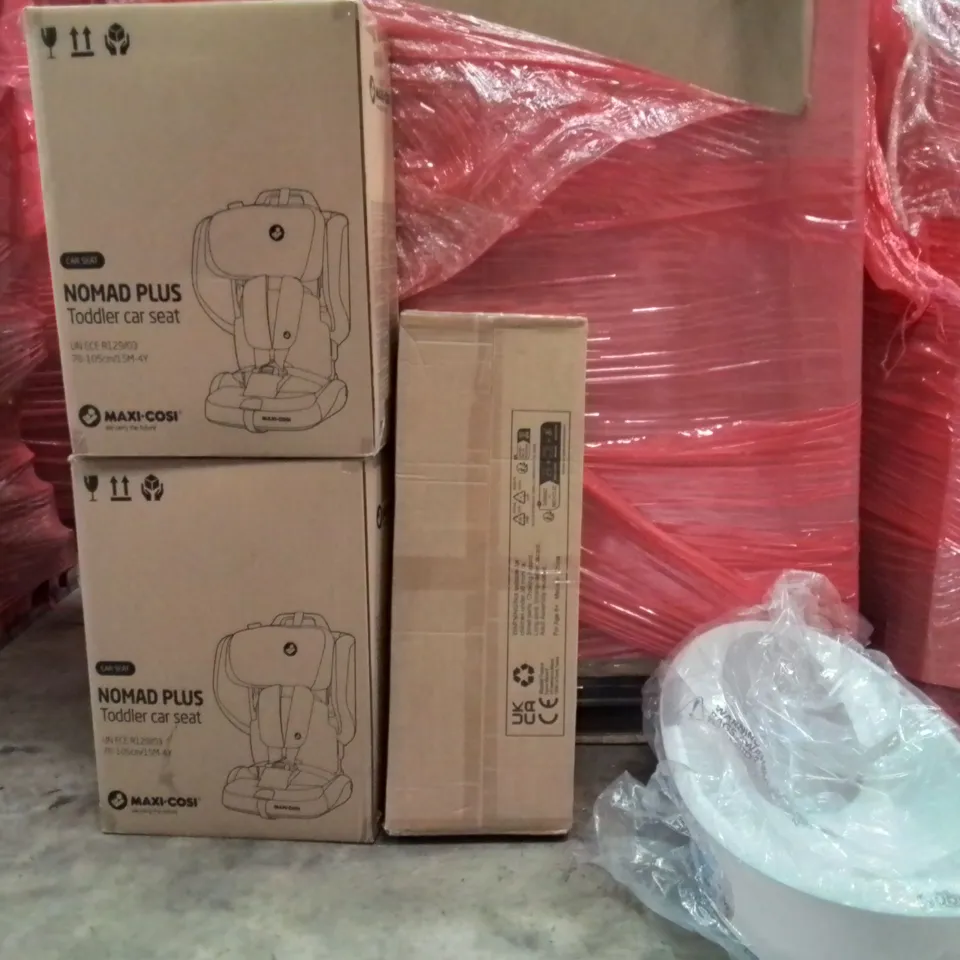 PALLET OF ASSORTED HOUSEHOLD GOODS AND PRODUCTS TO INCLUDE;NOMAD PLUS TODDLER CAR SEAT,SWINGBALL,BABY BATHS
