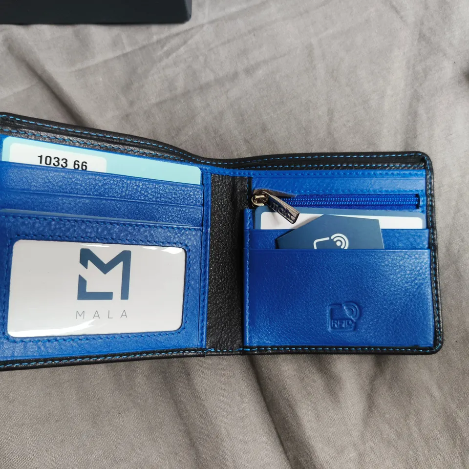 MALA LEATHER BI-FOLD WALLET WITH RFID – BLACK WITH BLUE STITCHING, BLUE INTERIOR