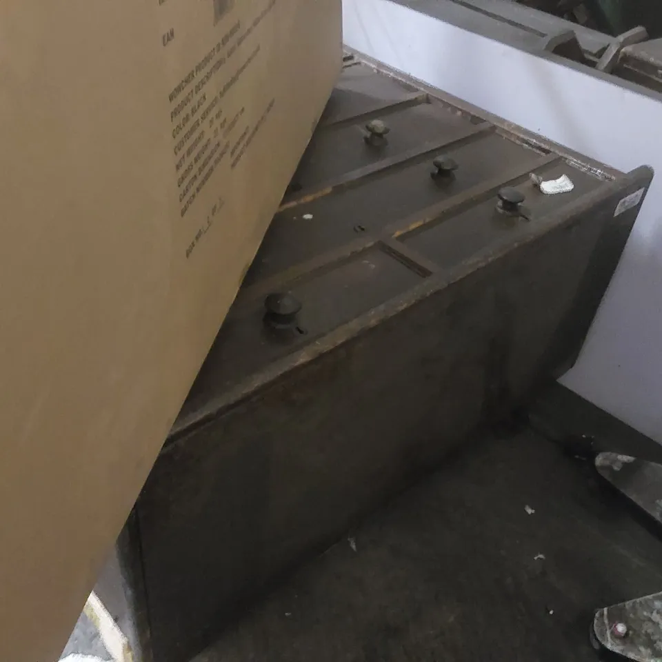 PALLET CONTAINING ANTIQUE TWO OVER FOUR DARK WOOD CHEST OF DRAWERS WITH BUN HANDLES,  BOXED INCOMPLETE GARDEN SOFA PART