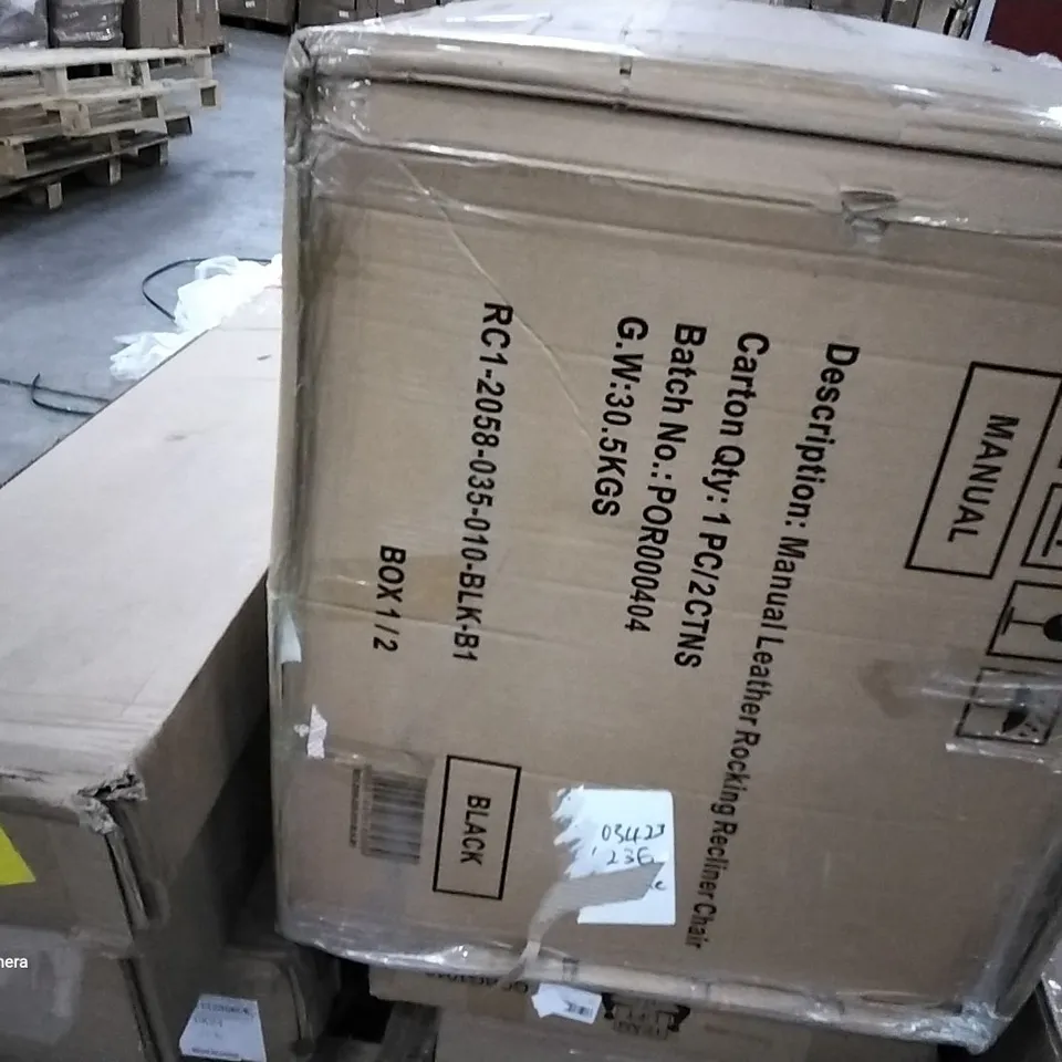 PALLET OF ASSORTED FURNITURE PARTS TO INCLUDE MANUAL LEATHER ROCKING RECLINER CHAIR