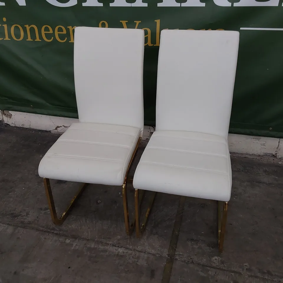 PAIR UPHOLSTERED DINING CHAIRS WHITE PU ON GILT METAL FRAMES