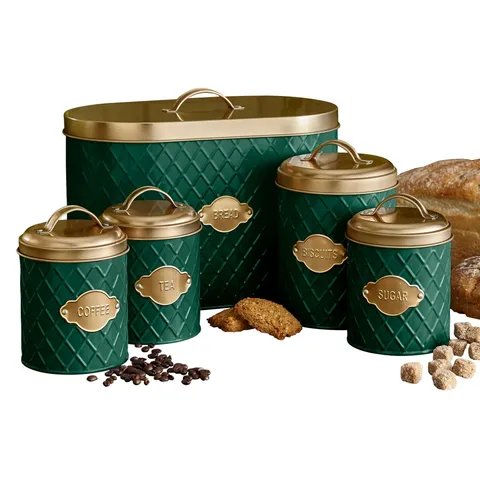 BOXED NEO GREEN EMBOSSED 5 PIECE KITCHEN CANNISTER SET (1 BOX)