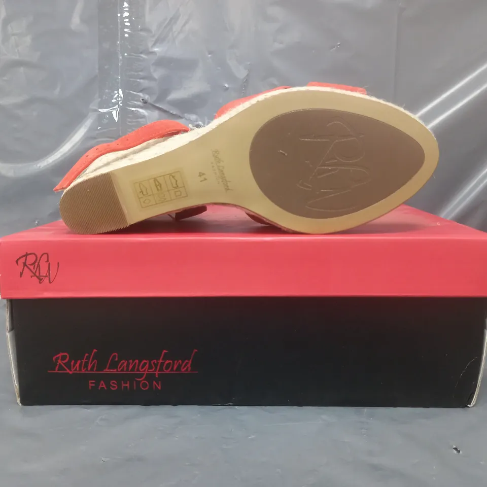 BOXED PAIR OF RUTH LANGSFORD WEDGE SANDALS IN ORANGE SIZE 8