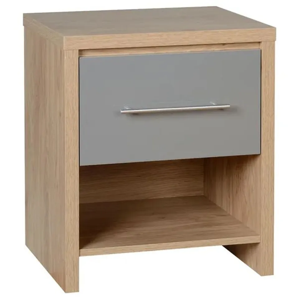 BOXED SEVILLE 1 DRAWER BEDSIDE - GREY GLOSS/LIGHT OAK EFFECT VENEER (1 BOX)